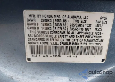 2006 Honda Odyssey Ex z USA, uszkodzony, nr VIN 5FNRL38486B115169